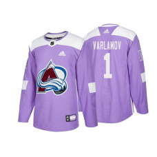 Colorado Avalanche #1 Semyon Varlamov Purple Adidas Authentic Hockey Fights Cancer With Jersey 2022 Stanley Cup Champions Patch