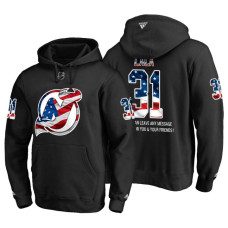 New Jersey Devils #31 Eddie Lack Banner Wave USA Flag with Message Black Hoodie