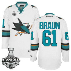 San Jose Sharks Justin Braun #61 White 2016 Stanley Cup Away Champions Jersey