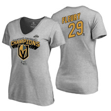 Women's Vegas Golden Knights #29 Marc-Andre Fleury 2018 Western Conference Champions Heather Gray Long Change V-Neck T-Shirt