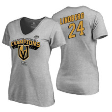 Women's Vegas Golden Knights #24 Oscar Lindberg 2018 Western Conference Champions Heather Gray Long Change V-Neck T-Shirt