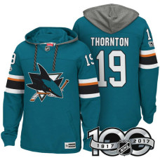 San Jose Sharks #19 Joe Thornton Teal 2017 Anniversary Patch Hoodie