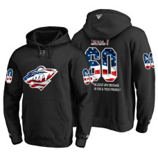 Minnesota Wild #60 Carson Soucy Banner Wave USA Flag with Message Black Hoodie