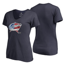 Women's Columbus Blue Jackets Navy Banner Wave USA Flag V-Neck T-Shirt