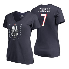 Women's Columbus Blue Jackets #7 Jack Johnson 2018 Stanley Cup Playoffs Navy T-Shirt