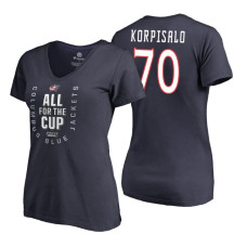 Women's Columbus Blue Jackets #70 Joonas Korpisalo 2018 Stanley Cup Playoffs Navy T-Shirt