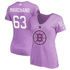 Women's Boston Bruins Purple Brad Marchand #63 Hockey Fights Cancer T-shirt