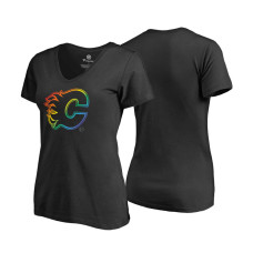 Women's Calgary Flames Black Rainbow Pride V-neck T-shirt