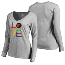 Women's Calgary Flames Heather Gray Hockey Is For Everyone Long Sleeve V-neck T-shirt