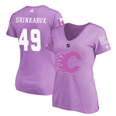 Women's Calgary Flames Purple Hunter Shinkaruk #49 Hockey Fights Cancer T-shirt