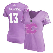 Women's Calgary Flames Purple Johnny Gaudreau #13 Hockey Fights Cancer T-shirt