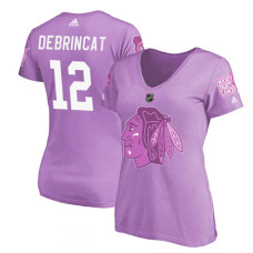 Women's Chicago Blackhawks Purple Alex DeBrincat #12 Hockey Fights Cancer T-shirt