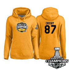 Women's #87 Pittsburgh Penguins Sidney Crosby Gold 2017 Stanley Cup Champions Pullover Hoodie With Hat