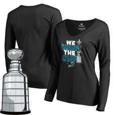 Women's San Jose Sharks Black 2017 Stanley Cup V-neck Short Sleeve We Want The Cup T-shirt