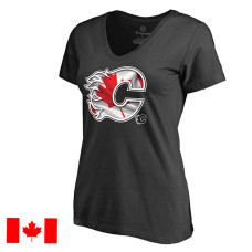 Women's Calgary Flames Black Canada Day Canada Wave Slim Fit T-Shirt