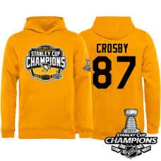 Youth #87 Pittsburgh Penguins Sidney Crosby Gold 2017 Stanley Cup Champions Pullover Hoodie With Hat